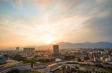 Aerial Image of Ipoh Town,Malaysia during sunset.Soft Focus,Blur due to Long Exposure.