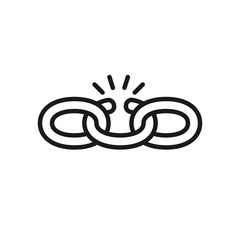 Black isolated outline icon of broken chain on white background. Line Icon of chain. Weak link.