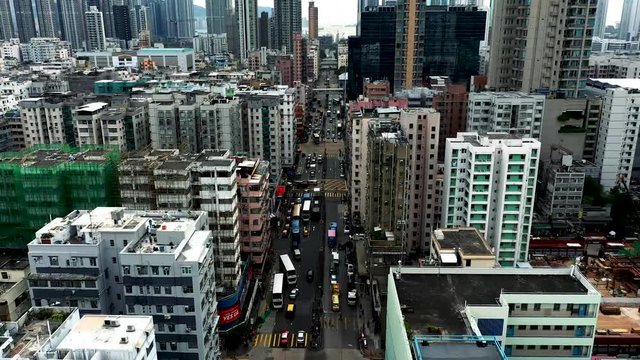 Aerial view of crowded buildings in  Sham Shui Po District, Hong Kong