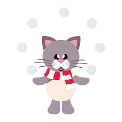 winter cartoon cute cat with scarf and snowball