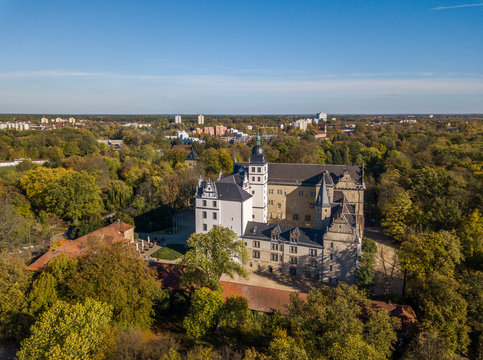 Aerial view of Wolfsburg Castle in autumn