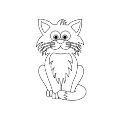 Isolated black outline cartoon sitting cat on white background. Curve lines. Page of coloring book. Halloween illustration.