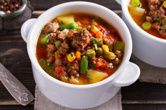 Delicious hamburger soup with vegetables
