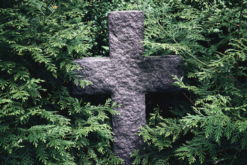 old stone cross in branches