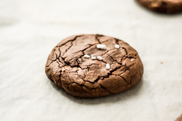 Dark chocolate chip cookie with pinch of salt on top, isolated on  parchment paper