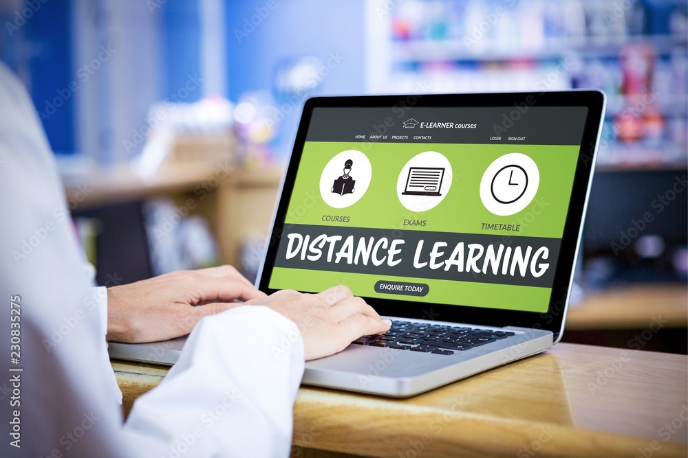Poster composite 3d image of graphic image of e-learning interface on