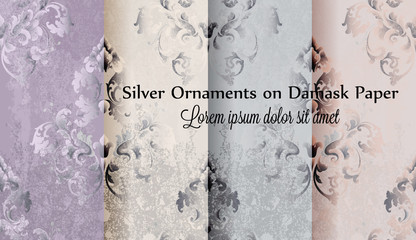 Silver ornament damask paper pattern Vector. Vintage glossy decor textures