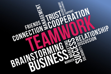 Teamwork word cloud collage. Collaboration, social network concept background. 