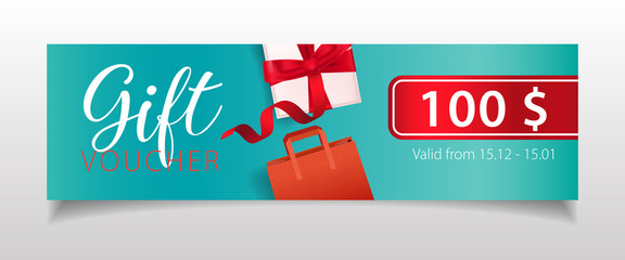 Gift Voucher lettering with gift box and shopping bag. Gift voucher design. Handwritten and typed text, calligraphy. For leaflets, brochures, invitations, posters or banners.