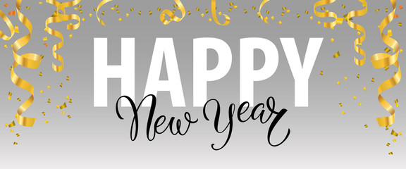 Happy New Year lettering with gold streamers. New Year Day greeting card. Handwritten and typed text, calligraphy. For leaflets, brochures, invitations, posters or banners.