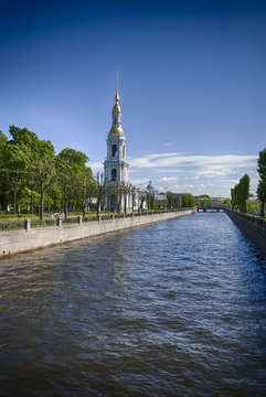 Kryukov canal view and bell tower of St. Nicholas Cathedral in Saint-Petersburg