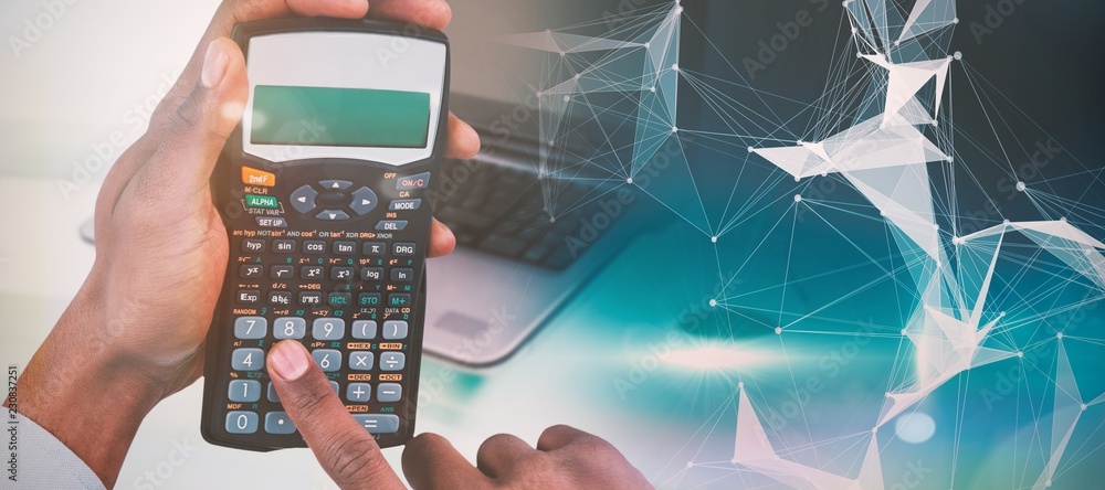 Poster composite image of hands of businessman using calculator