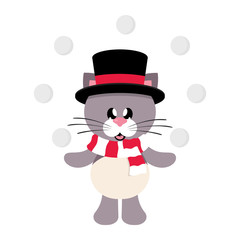 winter cartoon cute cat in hat with scarf and snowball