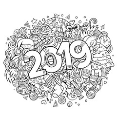 Cartoon vector cute doodles hand drawn 2019 year illustration
