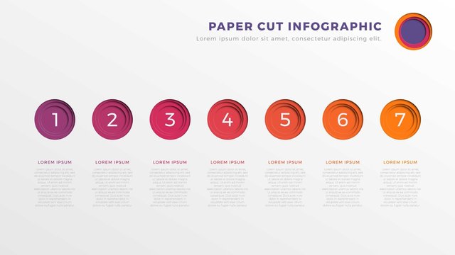simple seven steps infographic timeline template with round paper cut elements. business process diagram for brochure, banner, annual report and presentation. easy for edit and customize. eps10