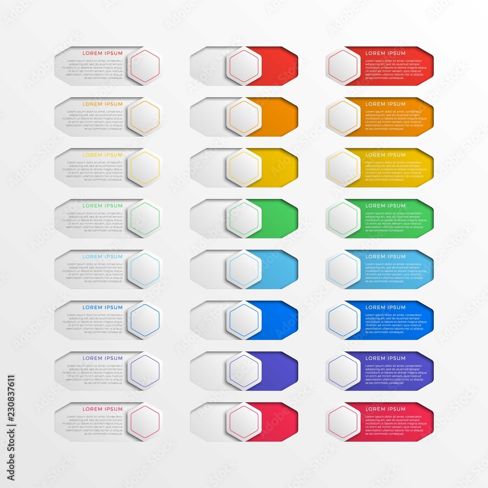 Aufkleber set of multicolor switch interface hexagonal buttons with text boxes. 3d realistic infographic slide
