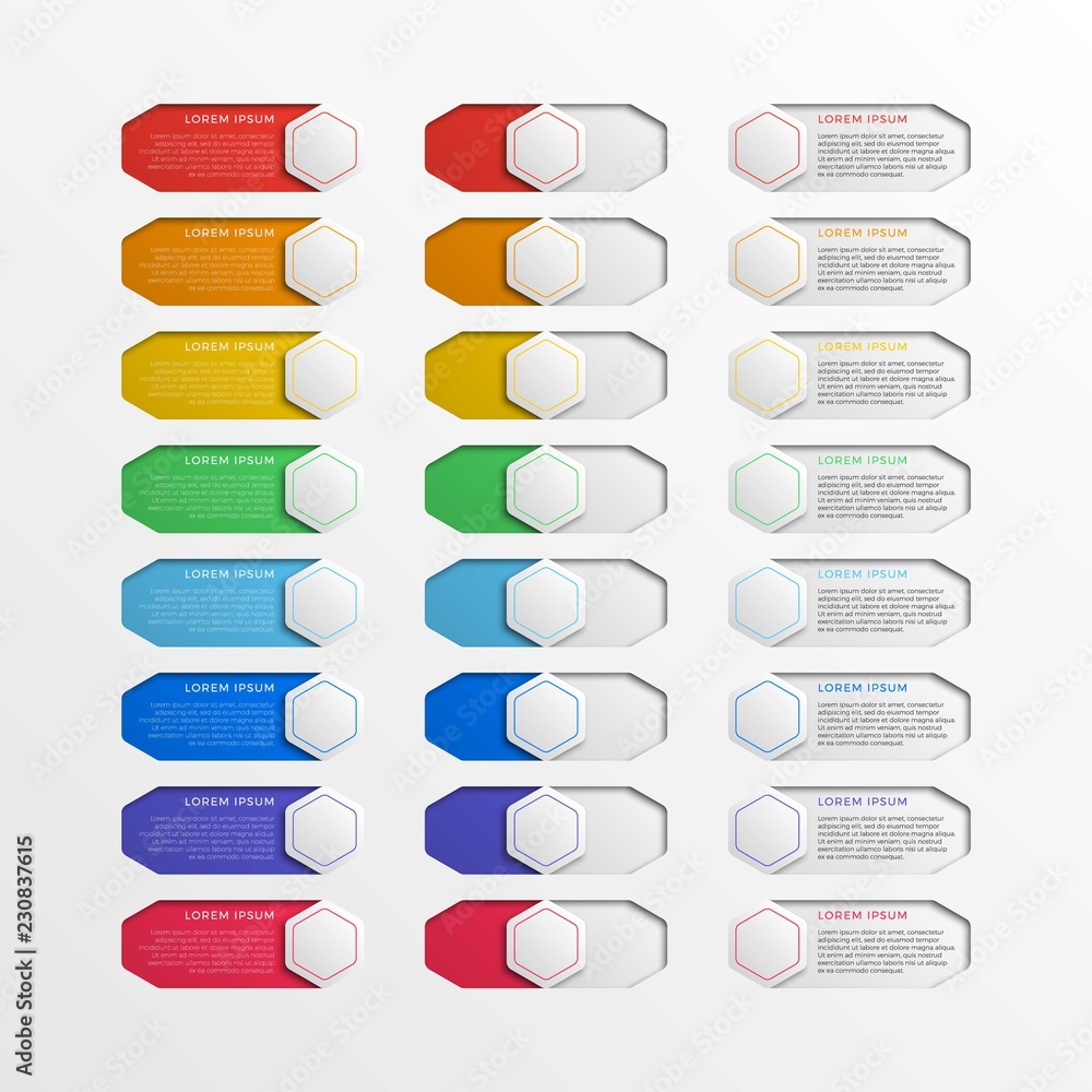 Aufkleber set of multicolor switch interface hexagonal buttons with text boxes. 3d realistic infographic slide