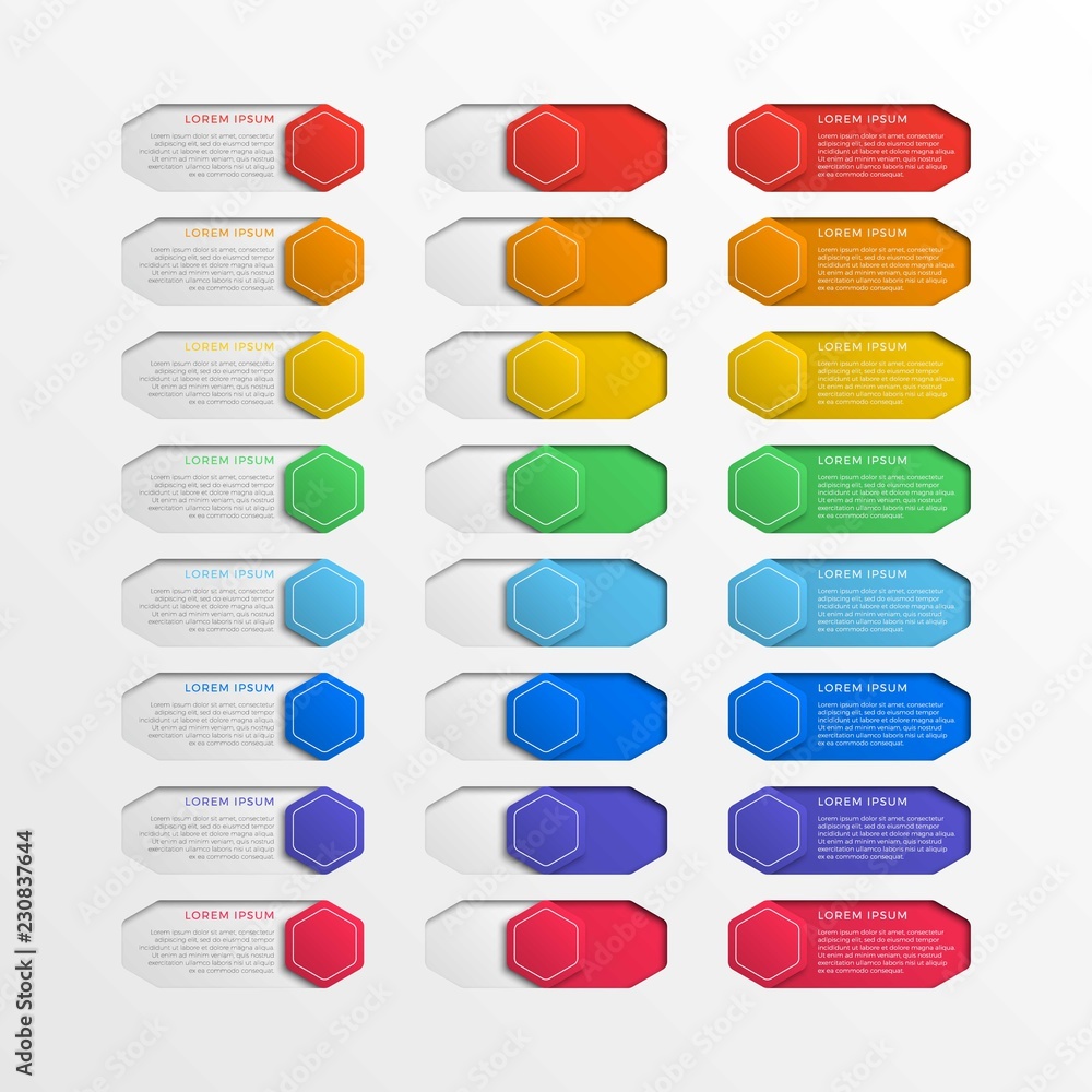 Aufkleber set of multicolor switch interface hexagonal buttons with text boxes. 3d realistic infographic slide