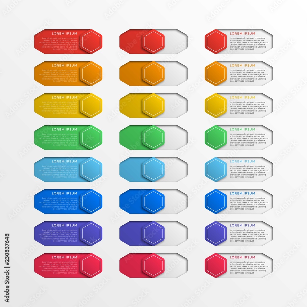 Aufkleber set of multicolor switch interface hexagonal buttons with text boxes. 3d realistic infographic slide