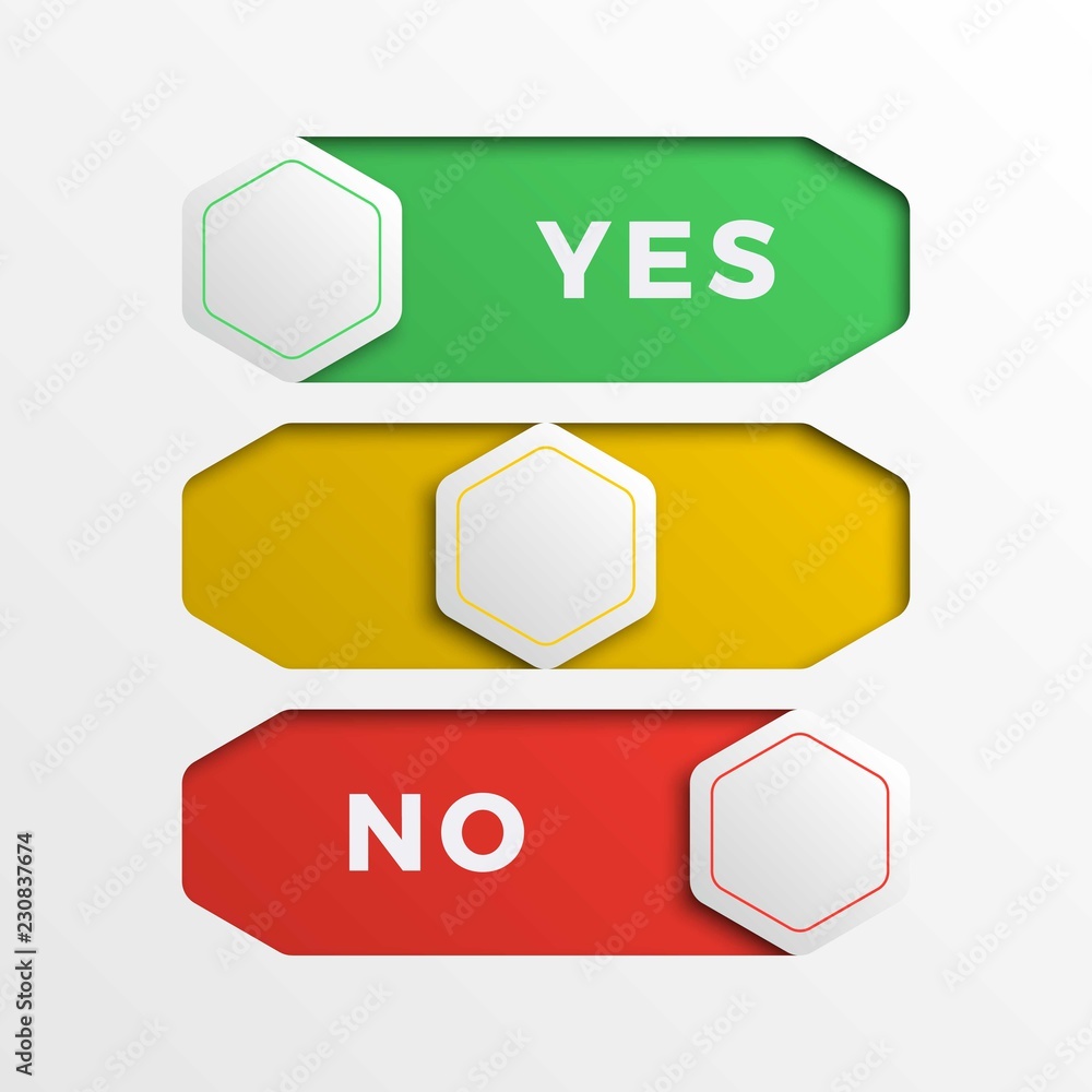 Aufkleber red, yellow, green hexagonal switch interface buttons. 3d realistic yes-no slider. easy to edit and 