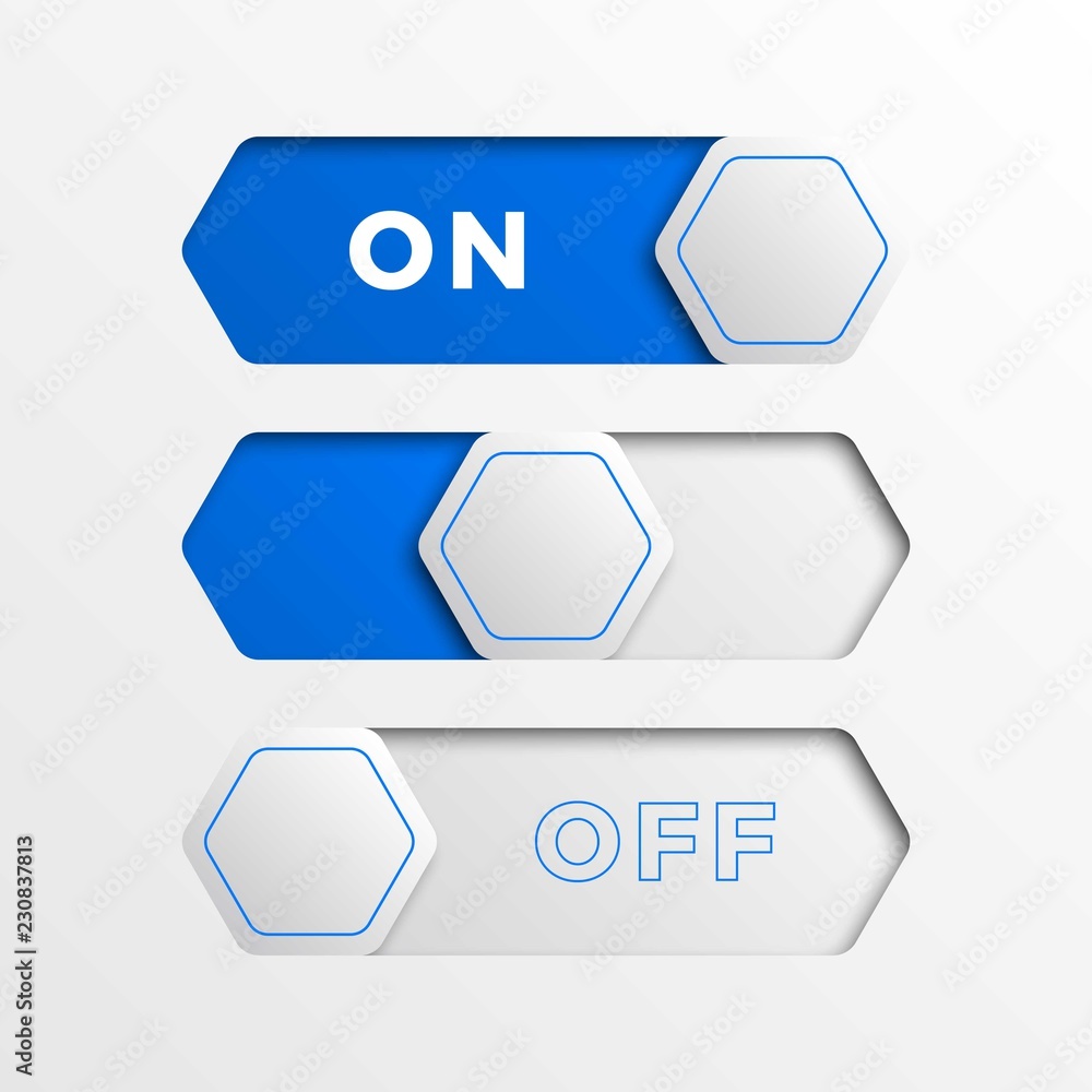 Aufkleber blue hexagonal switch interface buttons. 3d realistic on/off slider. easy to edit and costomize vect