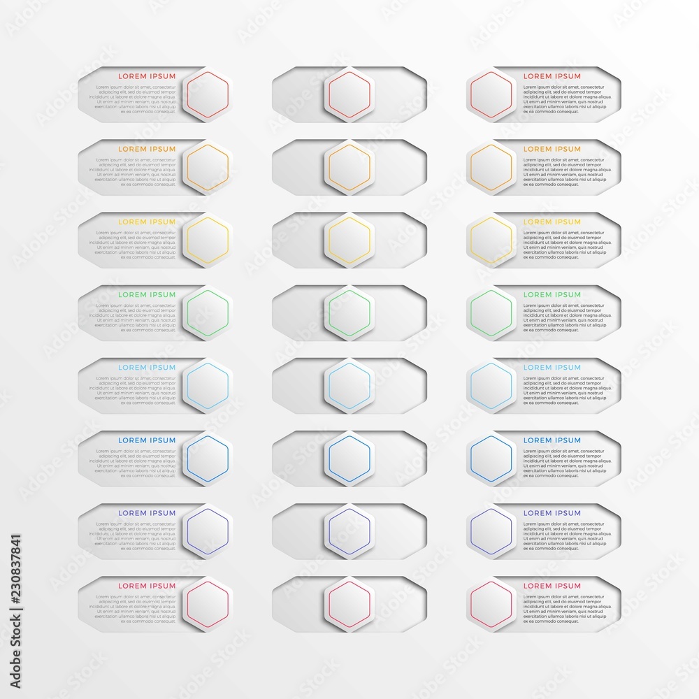 Aufkleber set of multicolor switch interface hexagonal buttons with text boxes. 3d realistic infographic slide