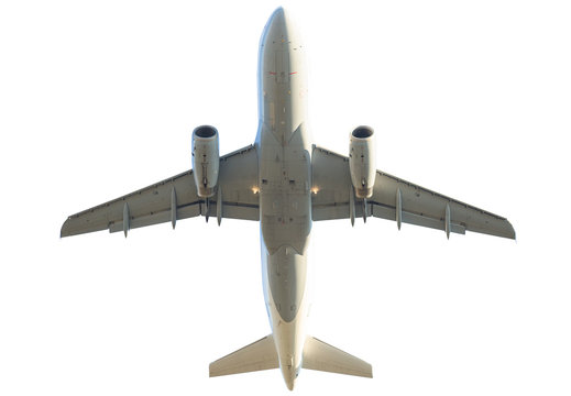 Fototapeta passenger commercial jet plane isolated on white background. from below bottom view.