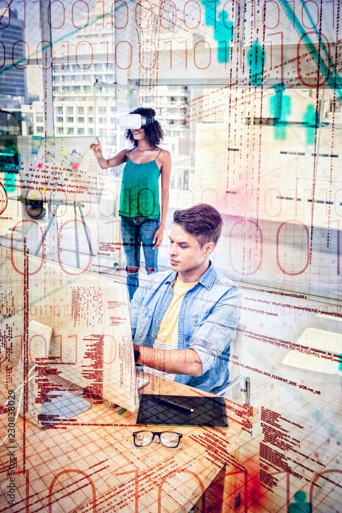 Poster composite image of binary codes and people icons