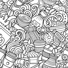 Cartoon cute doodles hand drawn Coffee Shop seamless pattern.