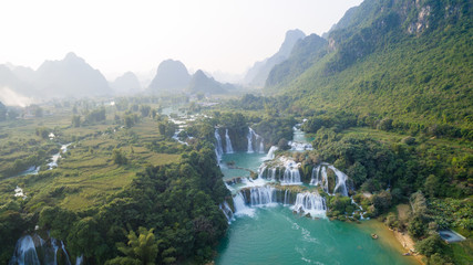 Obraz na płótnie Canvas Aerial view of “ Ban Gioc “ waterfall, Cao Bang, Vietnam. “ Ban Gioc “ waterfall is one of the top 10 waterfalls in the world.