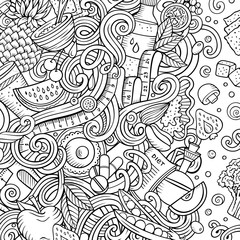 Cartoon vector doodles diet food frame. Line art dietary funny border