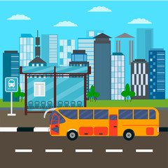 Bus stop and  city bus driving on downtown road, with city background . Vector concept background or banner.