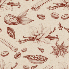 spices vanilla, cinnamon, cocoa and coffee beans, anise, carnation pencil drawn, vintage style on seamless textured background, kitchen Wallpaper, textiles, wrapping paper