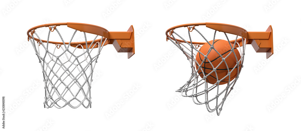 Poster 3d rendering of two basketball nets with orange hoops, one empty and one with a ball falling inside.