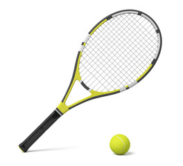 3d rendering a single tennis racquet lying with a yellow ball on white background.