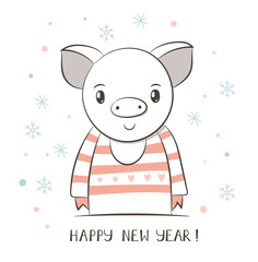 Happy Pig. Chinese New Year 2019. Greeting card. Cartoon zodiac sign. Hand drawn vector illustration. Design. Christmas banner, poster