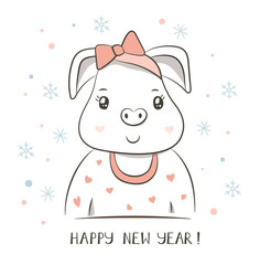Happy Pig. Chinese New Year 2019. Greeting card. Cartoon zodiac sign. Hand drawn vector illustration. Design. Christmas banner, poster