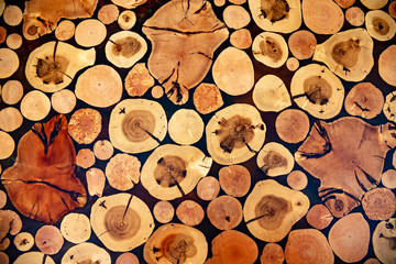 Fragment of a wooden table-top made by hand. Polished and lacquered oak and willows with a...