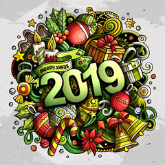 Obraz na płótnie Canvas 2019 doodles illustration. New Year objects and elements poster design