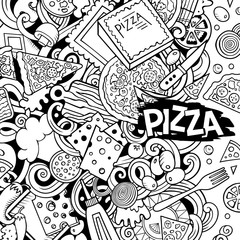 Cartoon vector doodles Pizza frame. Contour drawing pizzeria funny border