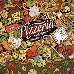 Cartoon vector doodles Pizza frame. Bright colors pizzeria funny border