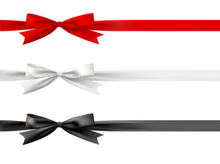 Red, white and black bow tie with ribbon. Vector illustration, isolated.