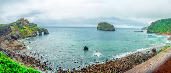 Panoramic view Gaztelugatxe. Spain.  Basque Country . Beautiful landscape islet on the coast of Biscay.