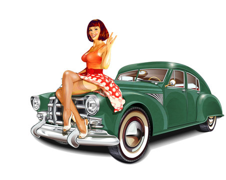 Pin-up girl and retro car isolated on white background	