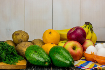 Collage and ripe fruits and vegetables on white background. Free space for text.