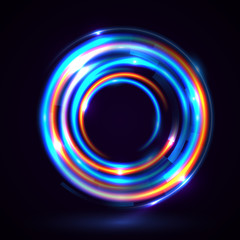 Vector light effect. The object s light stroke. Circular lens flare. Abstract rotational lines. Power energy element. Luminous sci-fi. Shining neon lights cosmic abstract frame. Magic round frame.