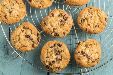 Chewy cranberry, fruit and nut cookies with white chocolate chunks