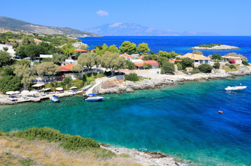 Bay and Mikro Nisi island near Agios Nikolaos. North Coast of Zakynthos or Zante island, Ionian Sea, Greece.
