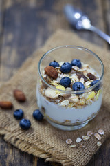 homemade Granola with yogurt and fresh blueberry In a glass on wooden background