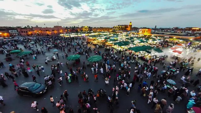 Timelapse footage of Jemaa el-Fnaa Square at sunset